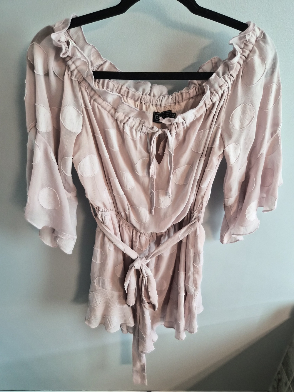BlitheLA Light Pink Polka Dot Romper with Tie Waist